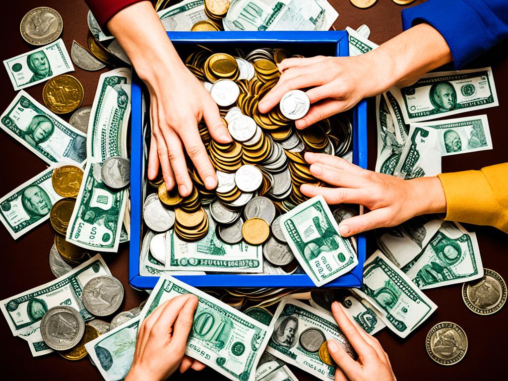 A pile of coins and bills overflowing from a donation box, surrounded by hands reaching in to give more.