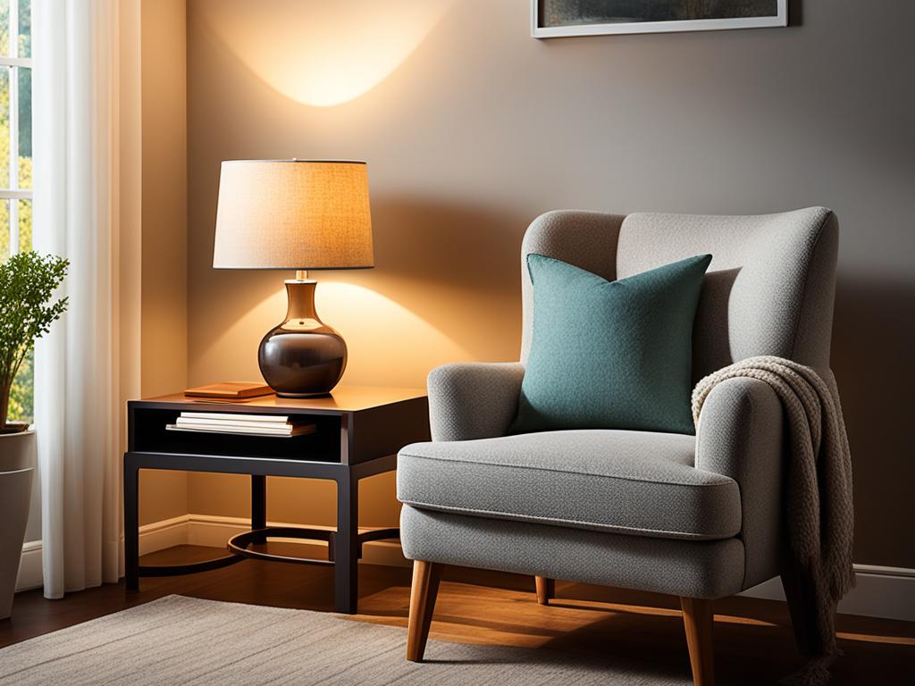 A warm glow emanates from a small table lamp, casting a soft light across the cozy reading nook. The light bounces off the walls, highlighting the comfortable armchair and providing just enough illumination to read by. Shadows dance along the edges of the room, creating a sense of depth and coziness.