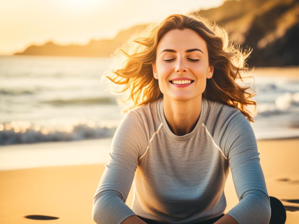 Meditation: A lady sitting cross-legged on a beach with her eyes closed, surrounded by a soft glow of golden light. Gentle waves lapping at the shore in the background.