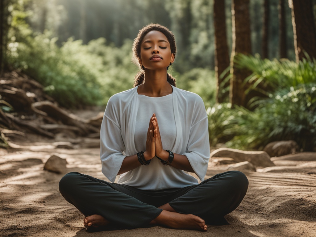 An image of a lady sitting cross-legged with her eyes closed and hands resting on her knees, surrounded by a serene and calming natural setting such as a forest. The lady appears relaxed, with a peaceful expression on her face, symbolizing the benefits of meditation for inner peace and mindfulness.