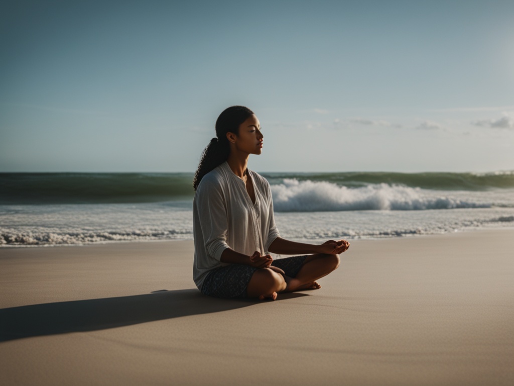 A lady sitting cross-legged with her eyes closed on a serene beach, surrounded by gentle waves and a warm breeze. The lady's hands are resting on her knees, palms facing upward. A soft glow surrounds her as she focuses on her breath.