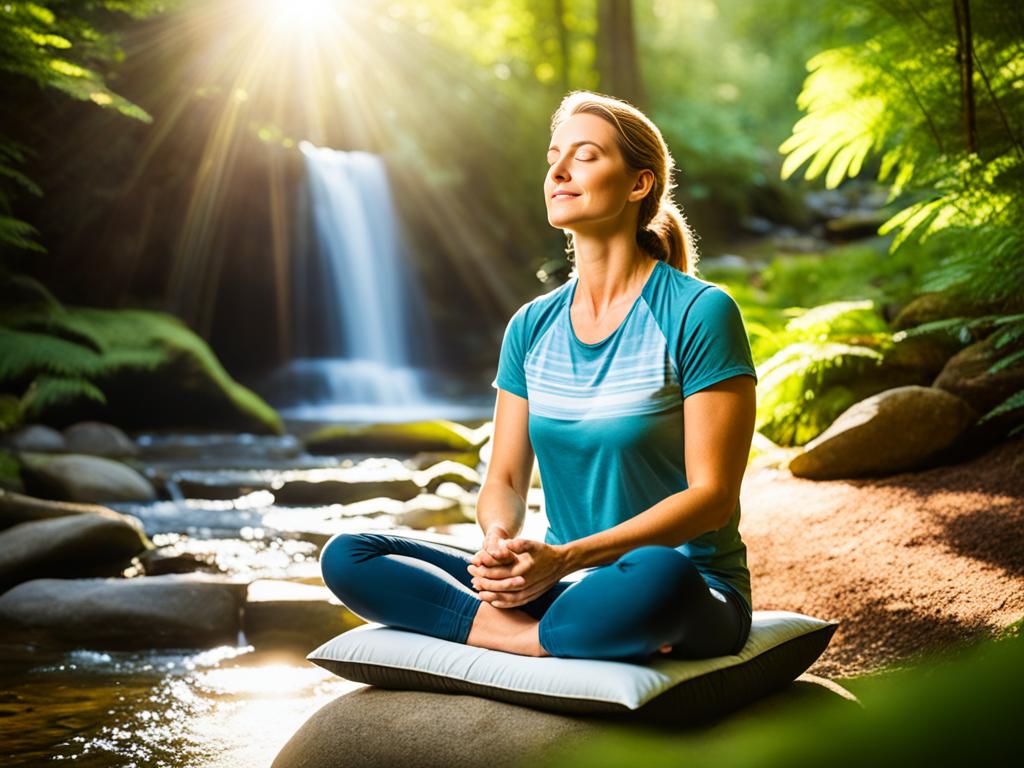 Meditation: A peaceful setting with a lady sitting cross-legged on a cushion with eyes closed, surrounded by nature. The lady has her hands resting on her knees, palms facing up. Rays of sunlight are shining through the trees onto her and the surroundings, creating a serene atmosphere. A small waterfall can be seen in the background, adding to the soothing ambiance.