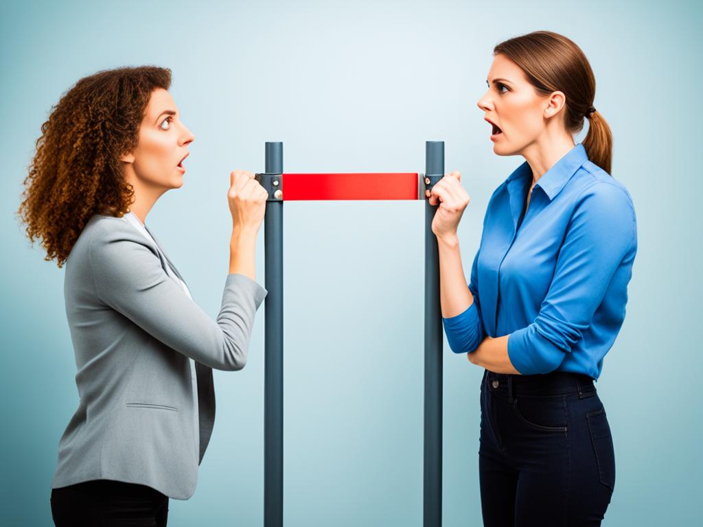 A scene of two people standing face to face with a barrier between them, representing a communication breakdown. One person is holding a tool that potentially bridge the gap, while the other person looks frustrated and uncertain. There is subtle visual cues, such as body language and expressions, that suggest each person's perspective and emotions about the situation. The overall tone is hopeful, emphasizing the potential for effective communication to overcome obstacles and build understanding.