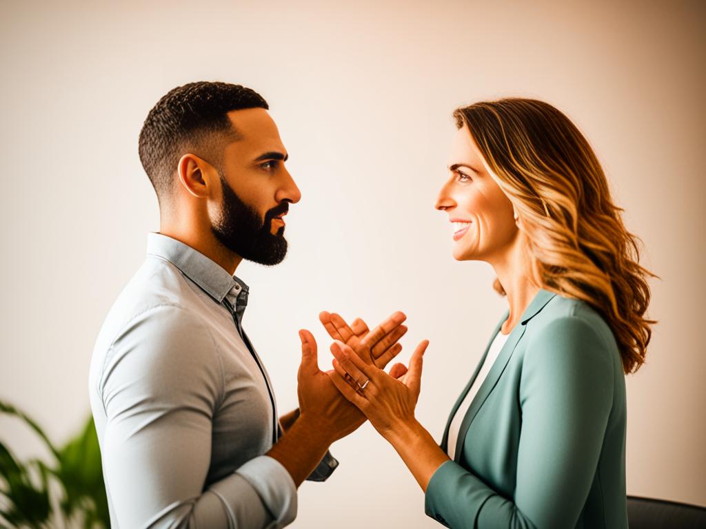 An image of two people facing each other, both with their palms up and open in a gesture of openness. Both have their eyes locked onto each other, showing deep concentration in the conversation. The scene is set against a soft background with warm colors that suggest a sense of comfort and ease.