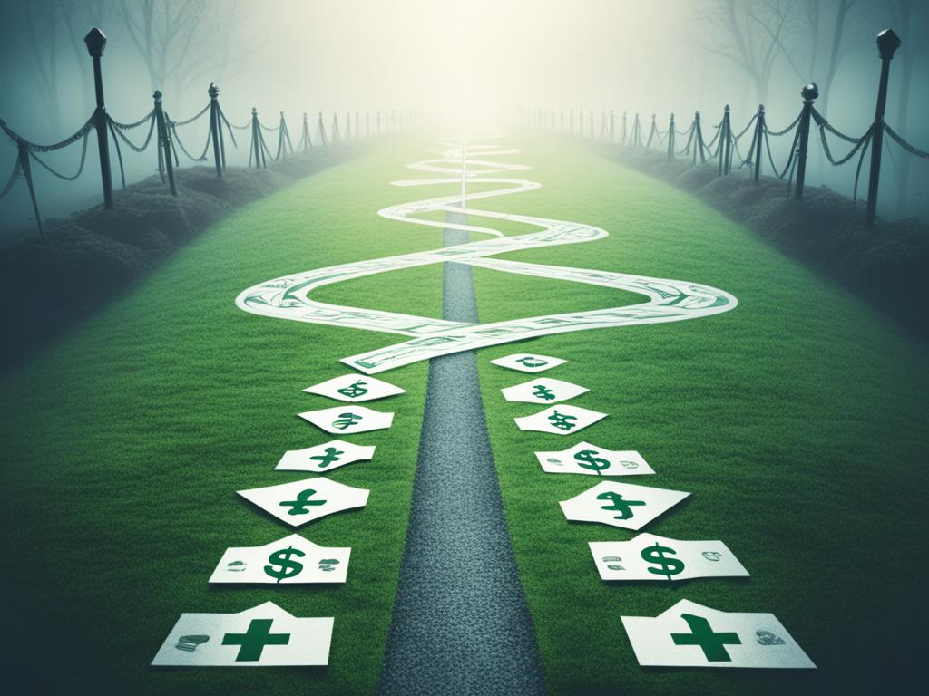 Careers: An image of a diverging path with money signs on one side and career symbols on the other. The money side is brighter and well-lit, while the career side is dimmer and shrouded in shadows. The paths both leads into a foggy distance, symbolizing the uncertainty of both choices.