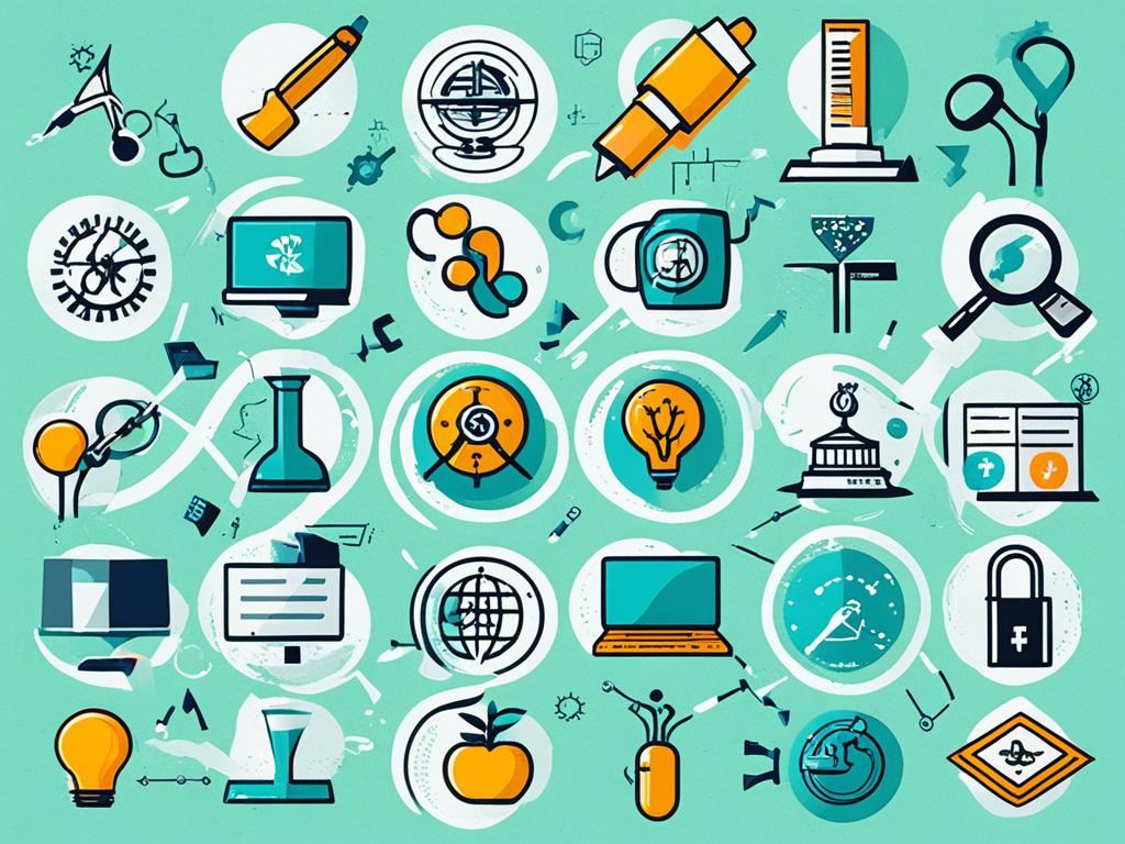 A collage of different career paths, each one represented by a symbol that represents the field. Some pathways include a stethoscope for healthcare, a calculator for finance, a paintbrush for art and design, and a laptop for technology. The symbols are arranged in a fluid and dynamic way, representing the many possibilities that exist when considering a career change.