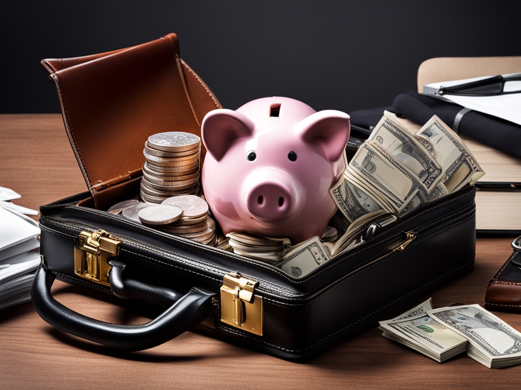 A broke piggy bank with scattered coins and bills next to a briefcase filled with job search materials.