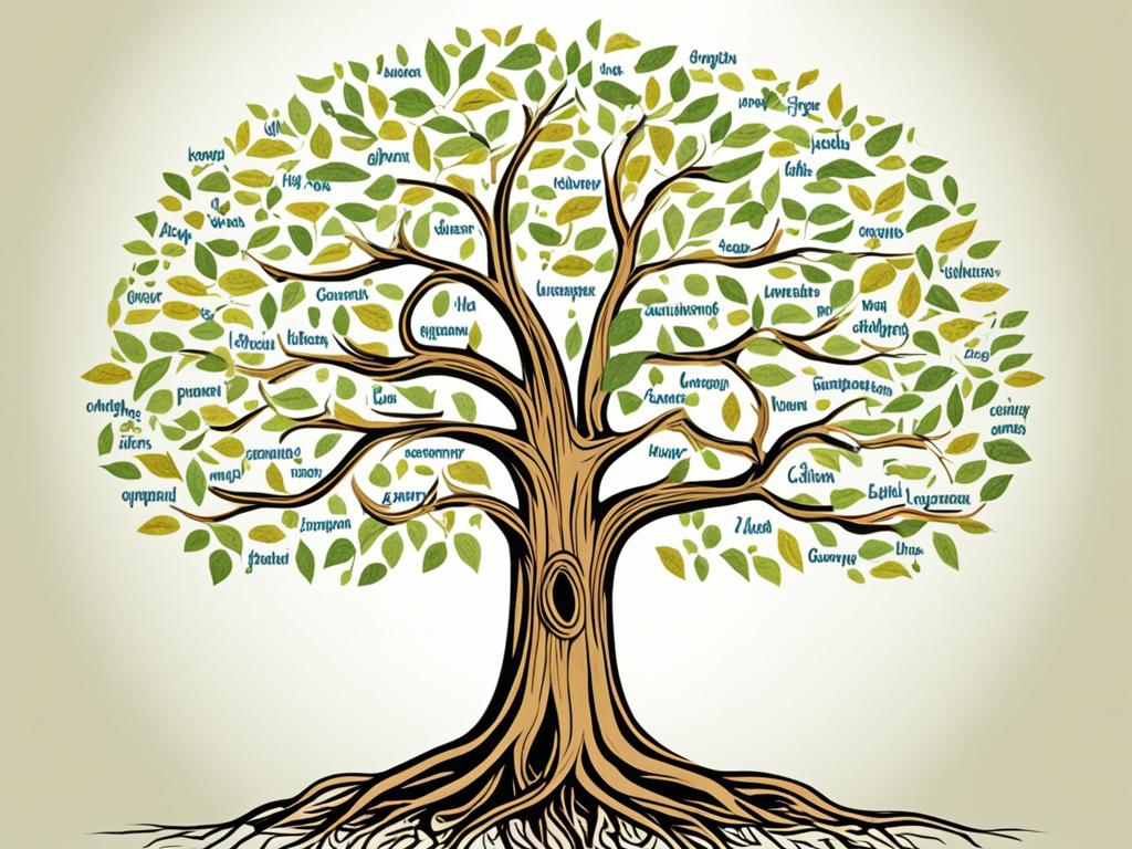 An image showing the concept of language as a tree, with the roots representing the foundation and structure of grammar and vocabulary, and the branches representing the endless possibilities and opportunities that come with fluency in a new language.