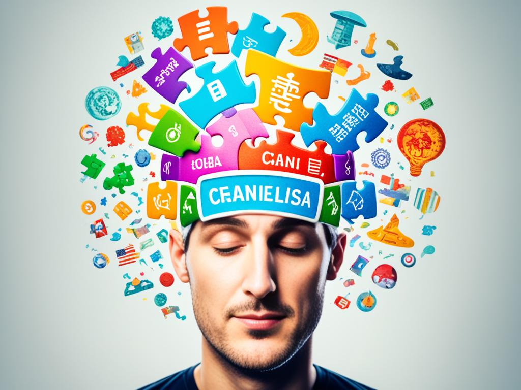 A person's head with a colorful brain-shaped puzzle piece in the center, surrounded by various dialect symbols (e.g. Chinese characters, Arabic script, Spanish words, etc.) floating around it.