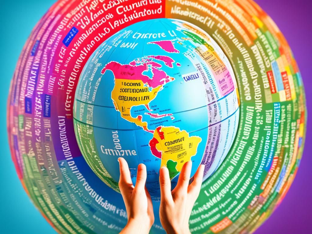 A world globe made up of various foreign dialect scripts, surrounded by vibrant colors, and someone reaching out to touch it in wonderment.