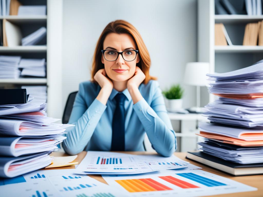 An image of a lady sitting at a desk surrounded by financial documents and charts, with a thoughtful expression as she plans for her self-employed career. The desk has a computer, calculator, and other necessary tools for financial planning. The room is well-lit and organized, with bookshelves and filing cabinets in the background. The lady is dressed in professional attire, conveying a sense of responsibility and dedication to her career.