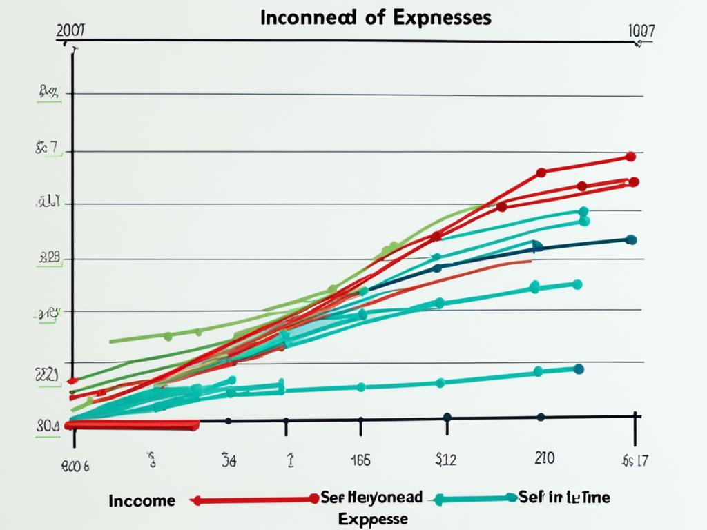 A graph showing the income and expenses of a self-employed individual. The income line is in green, and the expenses line is in red. The graph shows a steady increase in income over time, but also a steady increase in expenses. There are points where the two lines intersect and points where they diverge. The image conveys the idea of financial assessment and tracking progress towards financial goals.