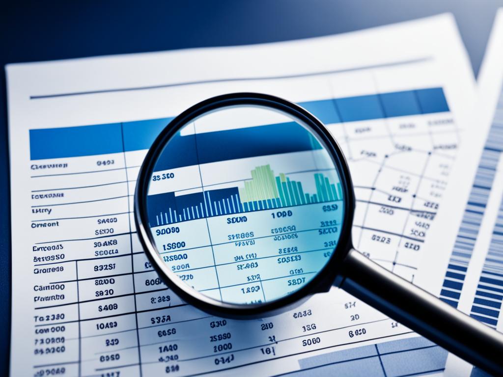 An image of a magnifying glass zooming in on a graph of income and expenses for a small business. The income line is slightly higher than the expenses line, indicating a profit. The background is dark blue to represent stability and trustworthiness.