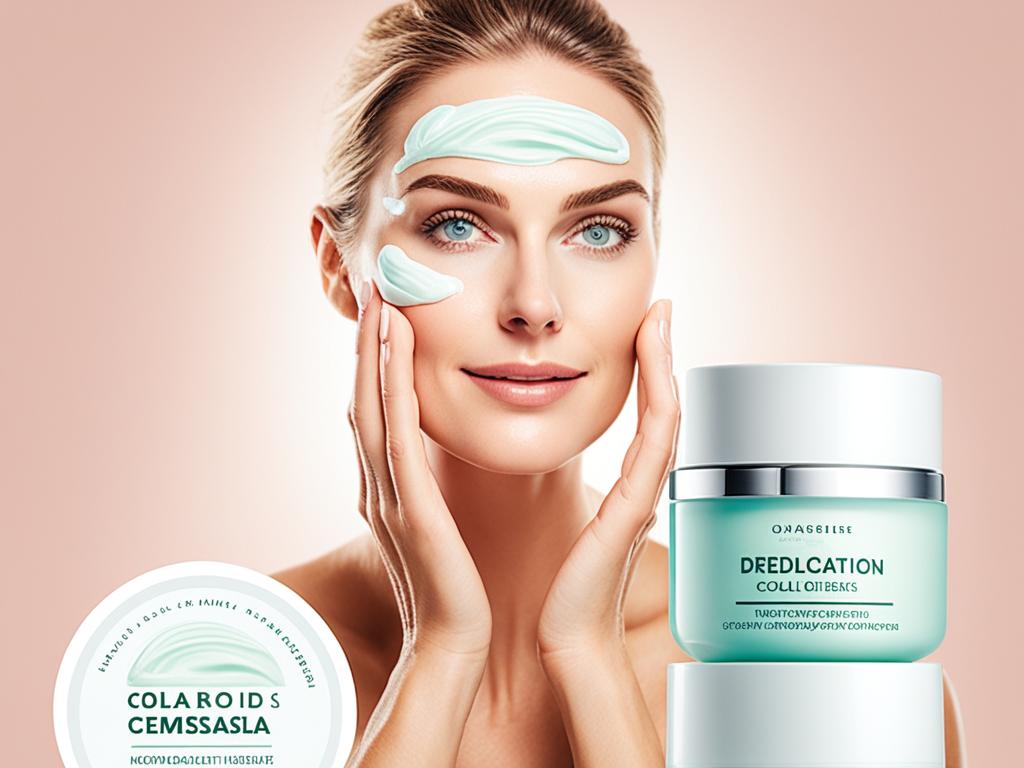 A picture of a lady rubbing moisturizer on her face, there are also skincare creams on the picture