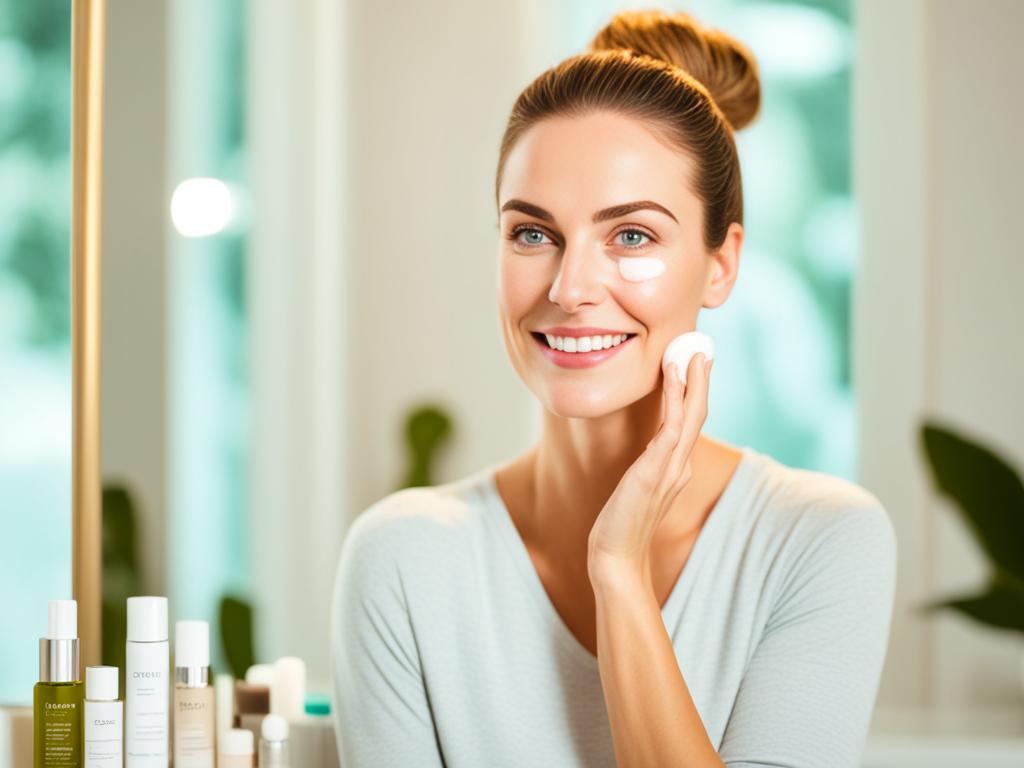 A picture of a lady rubbing cream on her face