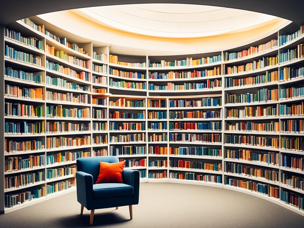 A picture of a library with one single-mini couch