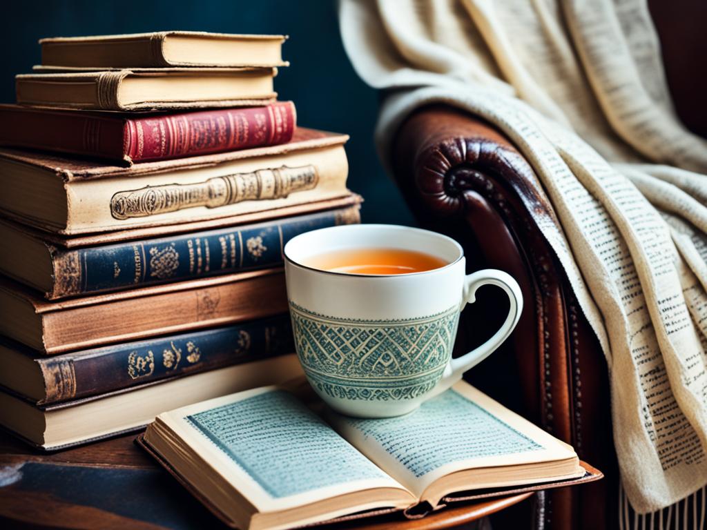 A picture of a cup of the ontop of a book, on a table with books