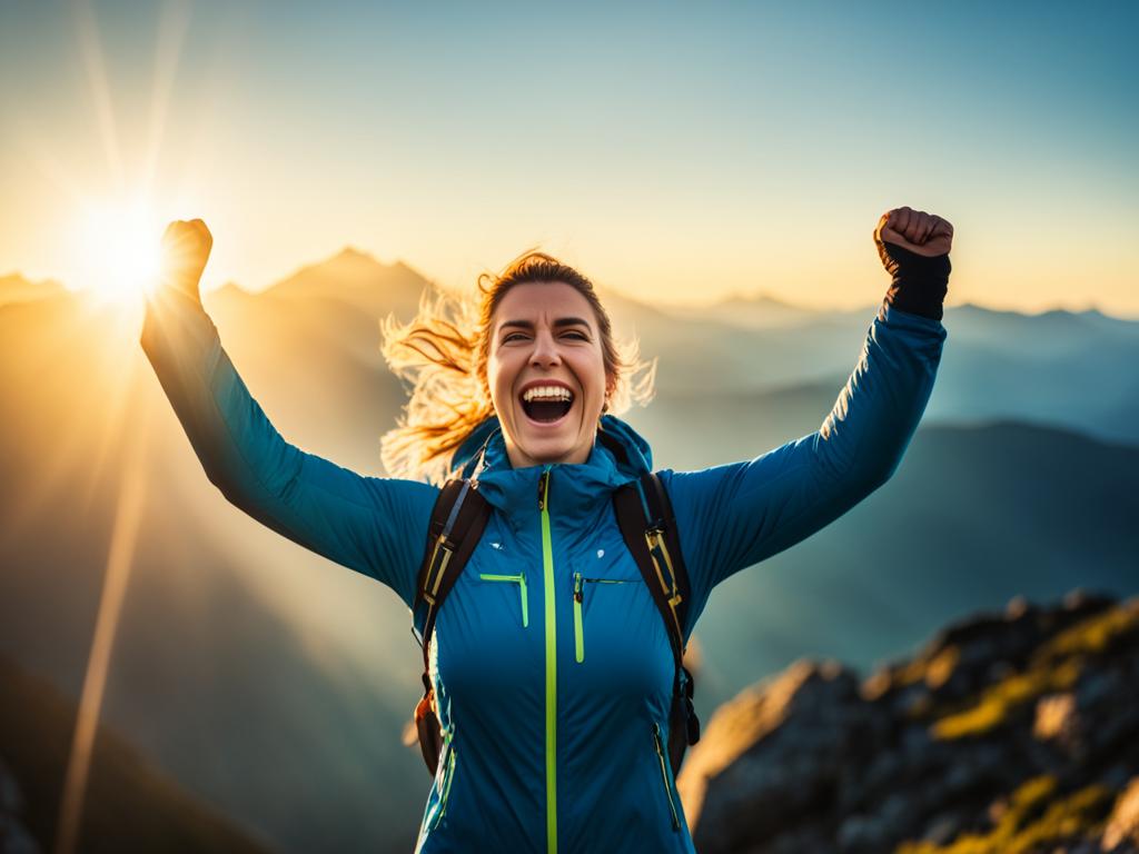 A picture of a lady laughing on a mountain top