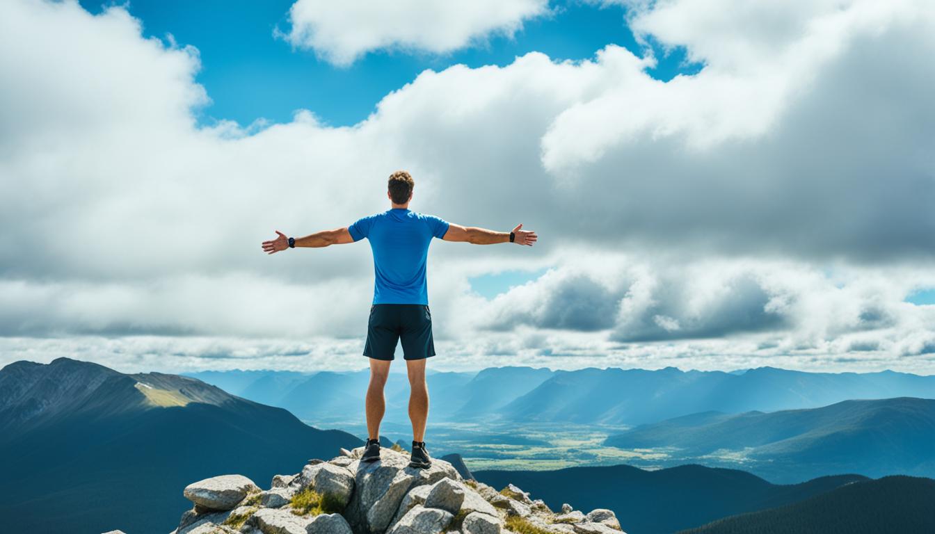 A picture of a man standing on a mountain top with his hand wide spread