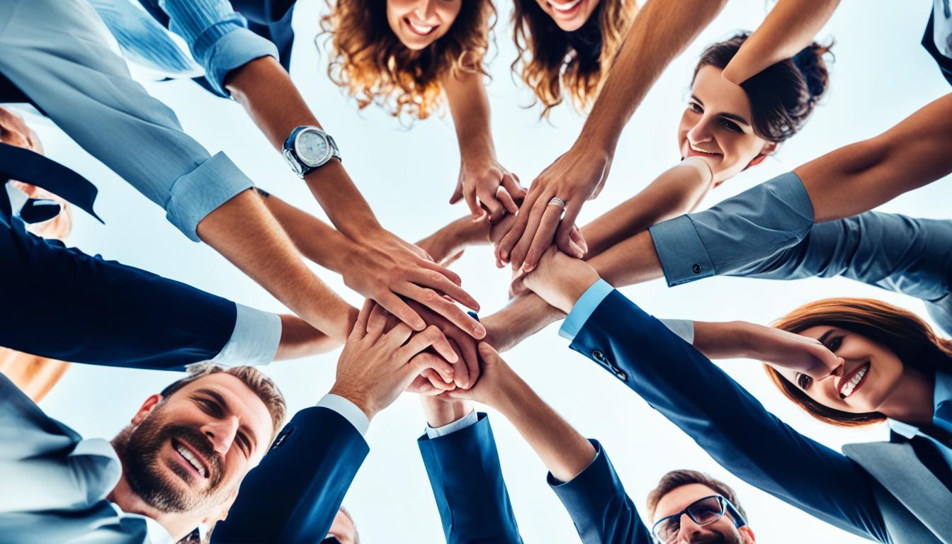 A picture of a group of people joining their hands together in unity