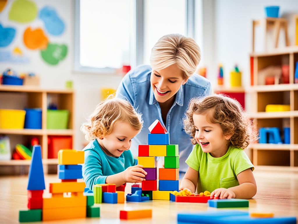 An image of a group of young children engaged in various stimulating educational activities, such as building blocks and playing games with their teacher who encourages their curiosity and creativity. Bright colors and soft textures are used to convey a warm and nurturing learning environment that fosters early cognitive, social, emotional, and motor development. The image shows how early childhood education can shape a child's future and help them reach their full potential.