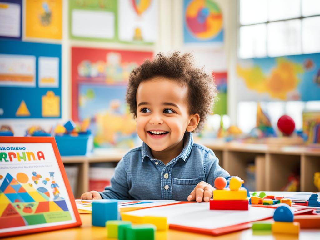 An image of a child sitting at a desk, surrounded by educational toys and books. The child is smiling and engaged in an activity. In the background, colorful posters and charts hang on the walls, highlighting the importance of learning and growth at an early age. The overall scene conveys a sense of warmth, positivity, and excitement.