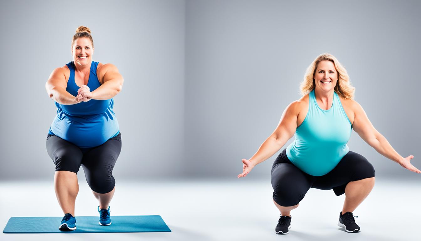 Fitness: A picture combo of a fat lady exercising 