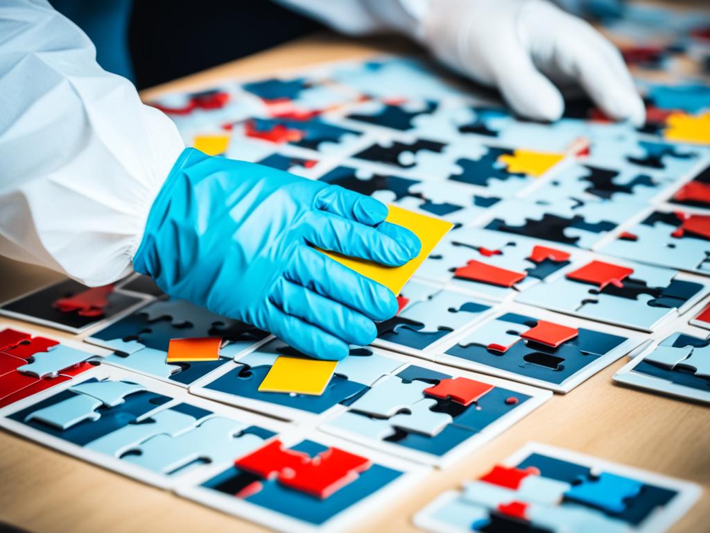 A picture of a gloved hand arranging a puzzle