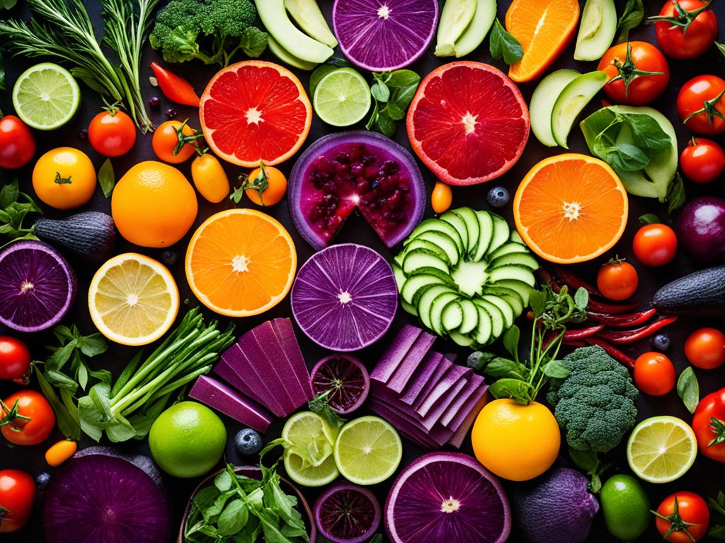 A colorful array of fresh vegetables and fruits, arranged in a striking and artistic way. Each one is sliced and diced differently, showcasing their unique shapes and textures. The colors range from deep purples and vibrant oranges to bright greens and juicy reds. Among the produce are various herbs and spices, adding splashes of green and brown to the mix. The overall composition is appealing to the eye, almost like an edible work of art.