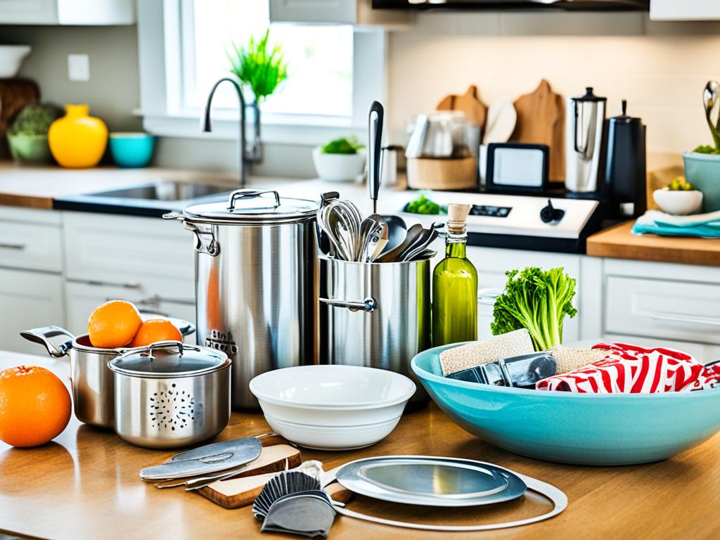 A cluttered kitchen counter with a variety of household items creatively repurposed for cooking and entertaining.