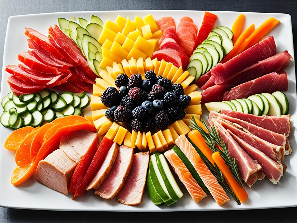 A beautifully arranged platter of colorful appetizers, with each item strategically placed to create an eye-catching display. The platter features a variety of textures and flavors, including sliced meats, cheeses, fruits, and vegetables. The background is a simple, neutral color, making the food pop.