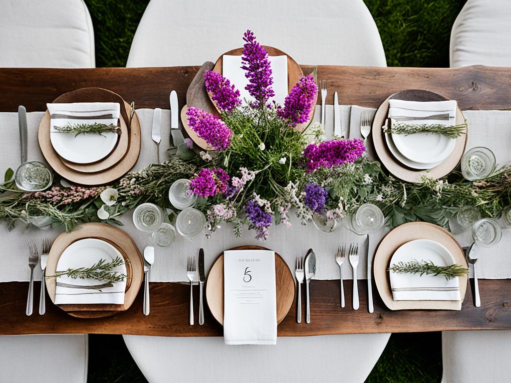 A rustic table setting with earthy tones and natural materials such as wooden plates, linen napkins, and woven placemats. The centerpiece features a mix of wildflowers in various shades of pink and purple, displayed in a vintage vase. Surrounding the flowers are rustic candles in glass jars and scattered greenery. The silverware is simple and minimalist, with sleek lines and a polished finish.