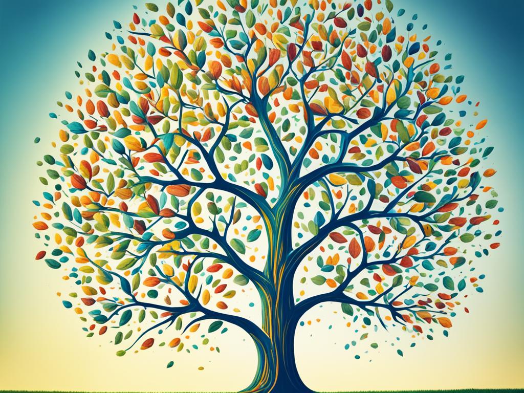 An abstract image of a tree with growing branches, where each branch represents a year of compounded interest. It shows the branches growing and spreading out over time, indicating the growth of wealth through investment. Bright colors are used to represent the increasing value of the investment over time.