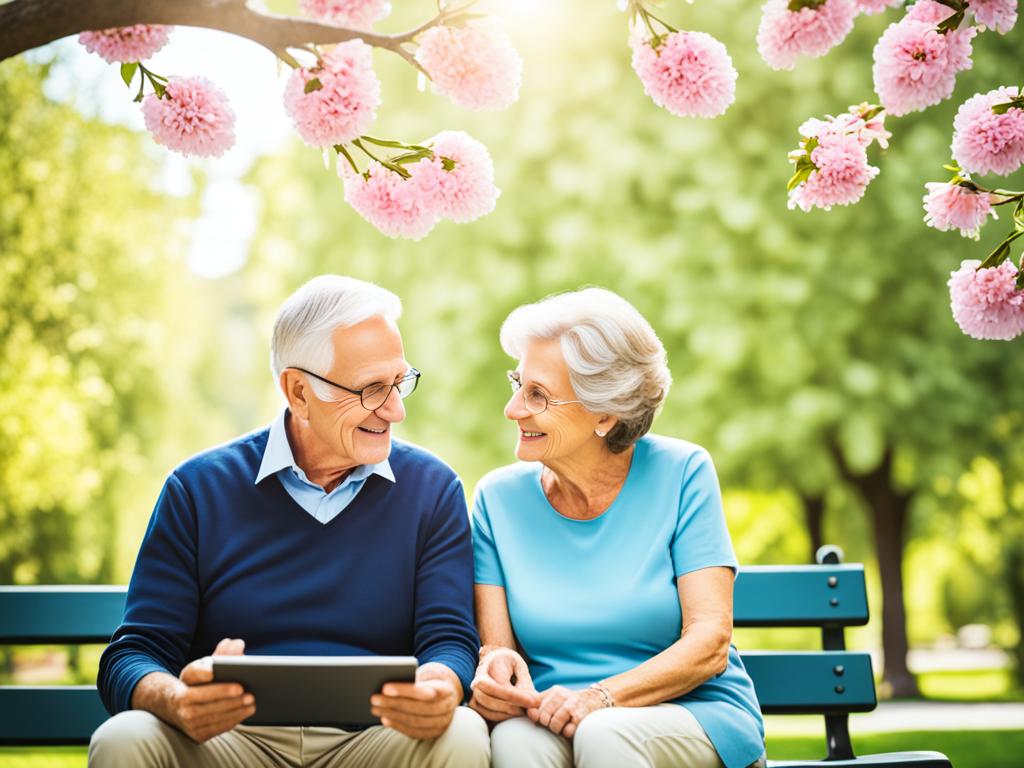 A tranquil park scene with a senior couple sitting on a bench, surrounded by trees and flowers. The couple are looking content and happy, with the man holding a tablet device showing different investment options.