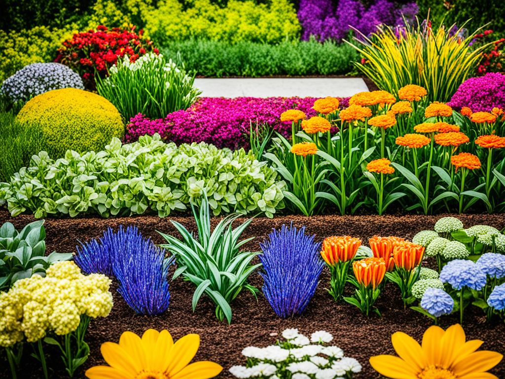 A colorful garden with various types of flowers, each representing a different type of investment, such as stocks, real estate, bonds, and commodities. The flowers are arranged in a way that suggests balance and harmony, symbolizing the concept of portfolio diversification.