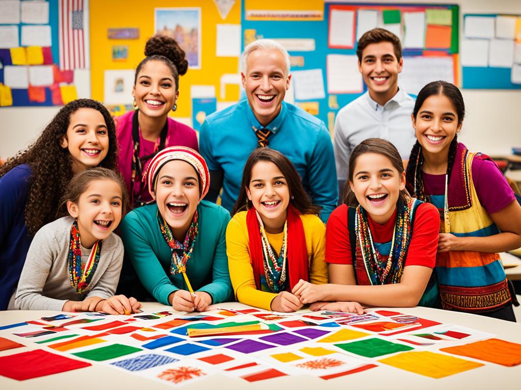 An image that showcases the beauty of different cultures coming together in a classroom setting. It shows students from different backgrounds and ethnicities working together, laughing, and learning from each other. Bright colors are used to capture the vibrancy of diversity. It also includes a variety of traditional clothing, symbols, and artifacts from different cultures to create a harmonious fusion. The image reflects the essence of cultural exchange and education that encourages inclusivity and mutual respect among young learners.