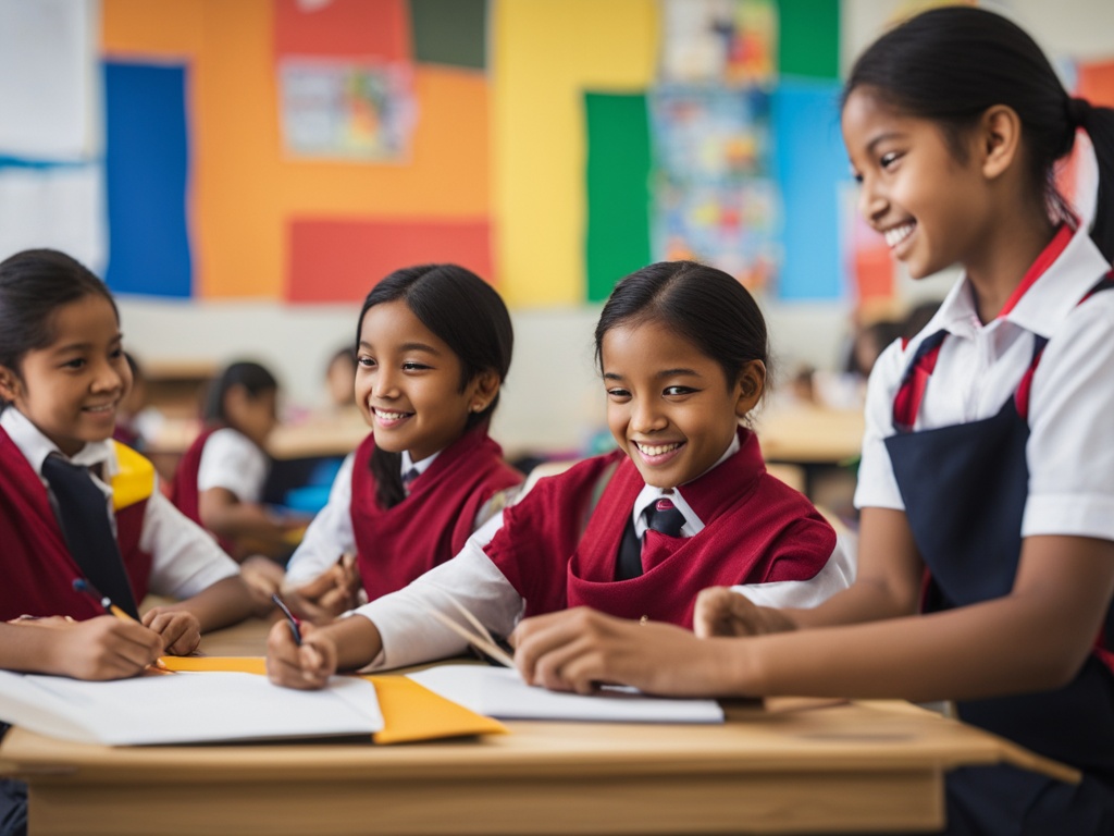 An image that showcases a group of students from different cultural backgrounds working together in a classroom setting. The classroom is brightly lit and colorful, with posters and decorations from various cultures displayed on the walls. The students are engaged in group activities, such as sharing cultural traditions and customs. The image conveys a sense of mutual respect and understanding among the students, highlighting the importance of diversity in education.