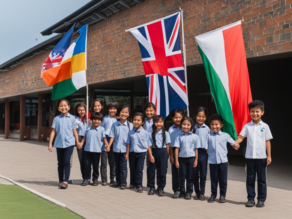 A group of children from different cultures holding hands and smiling while standing in front of a school building with flags from various countries flying in the background.