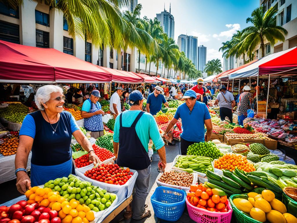 A bustling market scene with vendors selling a variety of products, such as fresh fruits, vegetables, and handmade crafts. People are seen trading goods and exchanging money, with some carrying bags of their purchases. The atmosphere is lively and energetic, with bright colors and an array of sounds and smells filling the air. In the background, tall buildings and palm trees can be seen, indicating a busy city center.