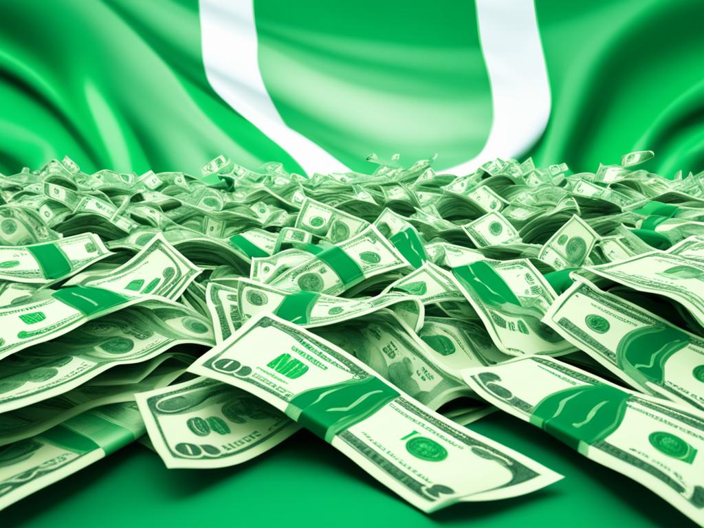 An abstract image of several money-making streams flowing into a central pool, with the Nigerian flag in the background. The colors are vibrant and eye-catching, with shades of green representing growth and prosperity. The image conveys the idea of multiple sources of income coming together to create a stable daily income.