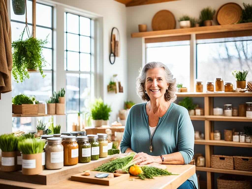 A woman seated at a wooden table, surrounded by various products for sale such as handmade crafts and fresh produce. Natural light streams in through the window, illuminating the scene.