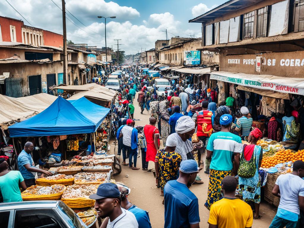 A busy street corner in Nigeria with various vendors selling different items as part of their side hustles. There are people buying food, clothes, phone accessories, and other goods from the vendors. The atmosphere is lively and bustling with activity.