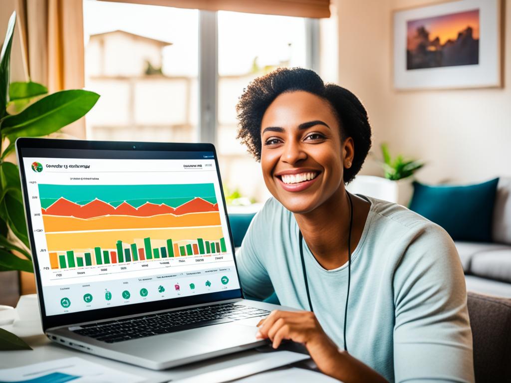 A lady sitting in front of a laptop and smiling while working from home in Nigeria. The laptop screen shows a graph with an upward trend, representing their daily income. The room around her is well-lit and colorful, with plants and motivational posters on the walls. In the background, there is a window revealing a sunny day outside.