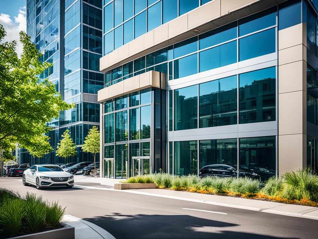 A modern high-rise building with a vibrant city skyline in the background. The building has sleek, glossy windows reflecting the surrounding buildings and greenery. There is a parking garage at the base of the building with cars parked in neat rows, the building has a luxurious entrance.