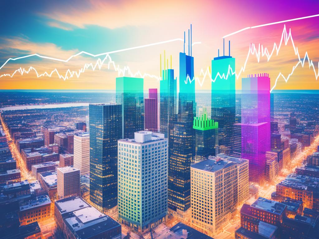 A bird's eye view of a city skyline with a colorful graph overlay, symbolizing the various real estate crowdfunding investment opportunities available.