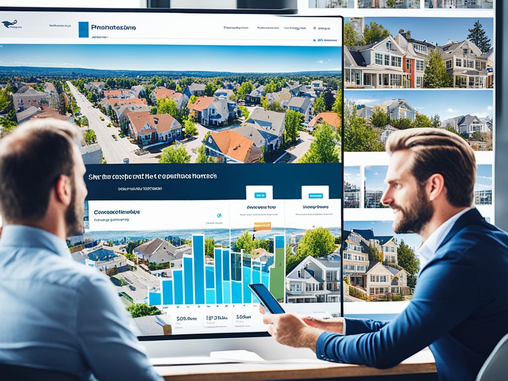 An image of two investors pooling their money together through a real estate crowdfunding platform. The platform illustrates a digital interface, with graphs and charts highlighting the potential returns on various properties. In the background, there are several buildings undergoing renovations and improvements, suggesting the potential for profitable development projects.