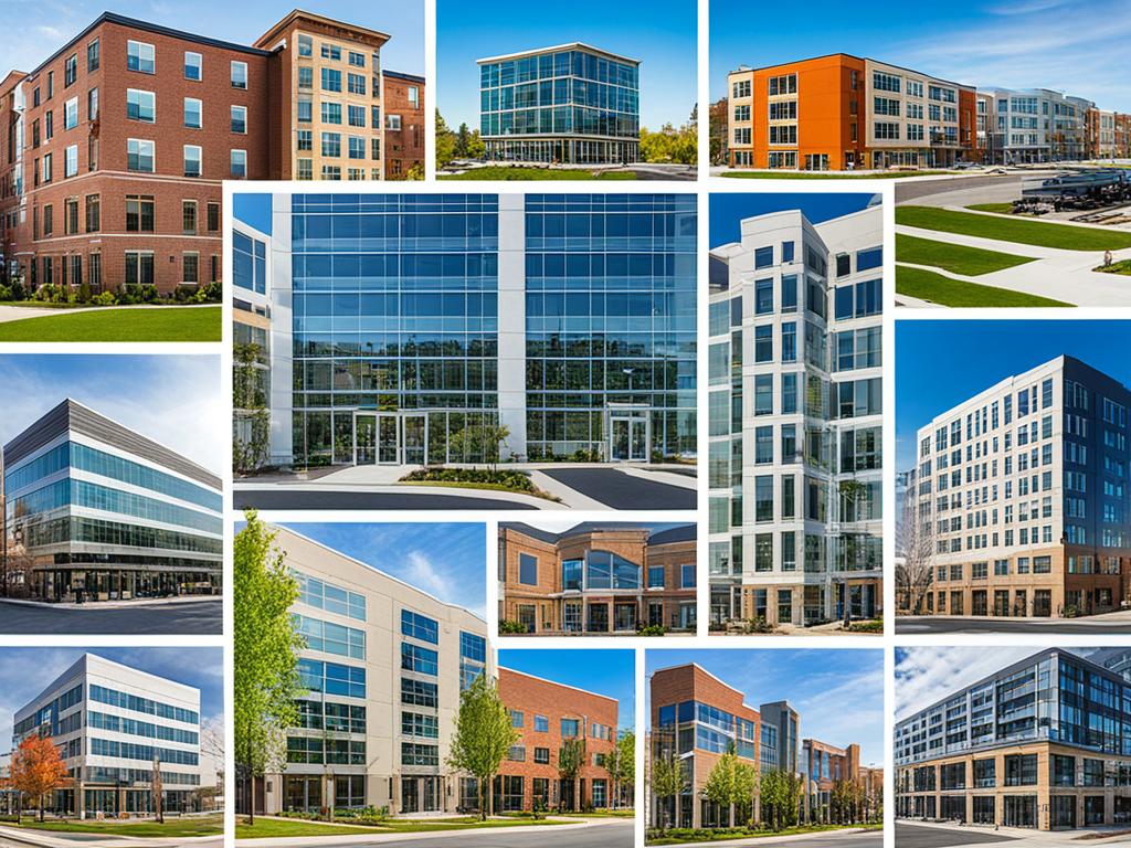 A collage of various types of real estate properties, such as apartments, office buildings, retail spaces, and warehouses, all arranged in a way that showcases the diversity of a well-rounded real estate portfolio. Each property is distinct in size, location, and purpose, and the image conveys the idea that investing in multiple types of real estate can help mitigate risk and maximize returns.