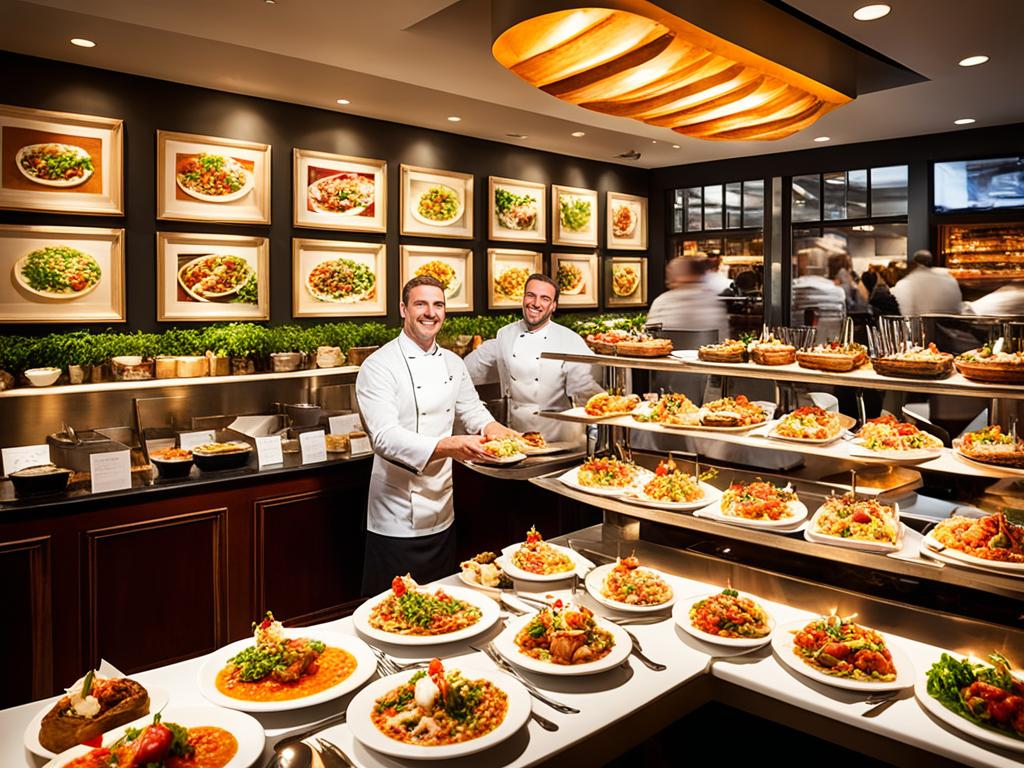 An image of a bustling restaurant scene with various dishes and cuisines on display. The ambiance is warm and inviting, with soft lighting and comfortable seating arrangements. Customers are seen enjoying their meals, with satisfied expressions on their faces. The picture conveys a feeling of delight and pleasure, as the guests have found the perfect dining experience.