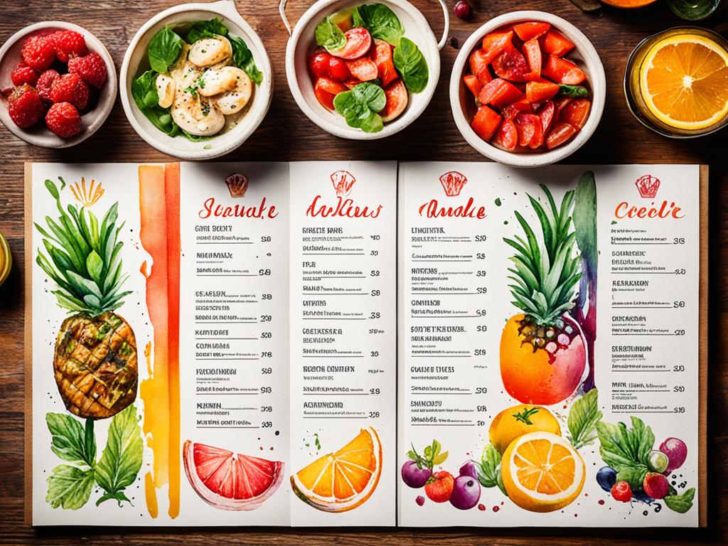 An image of a restaurant menu as a canvas, with different sections and items painted in watercolors. Some sections features vibrant fruits and vegetables, while others showcases sizzling meats and seafood. The menu is presented on a wooden table alongside some utensils and garnishes, adding to the overall aesthetic of the presentation.