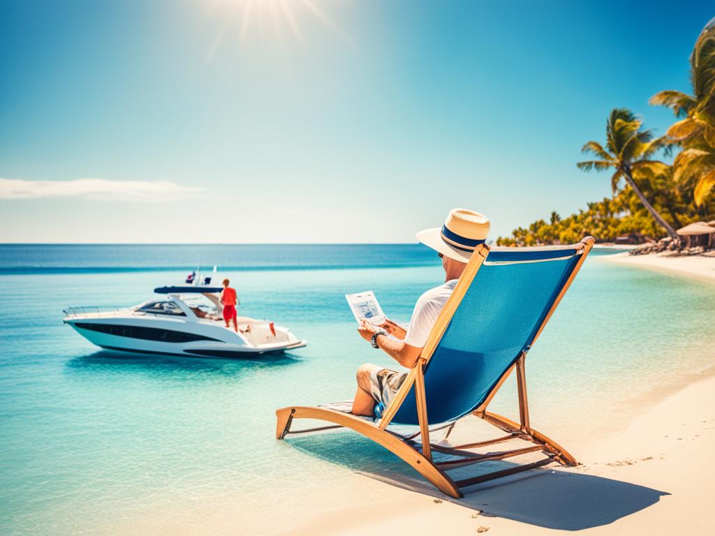 An image of a person enjoying a beach vacation, it shows a yacht in the distance. There's a clear blue sky and pristine ocean waters that evoke feelings of freedom and abundance.